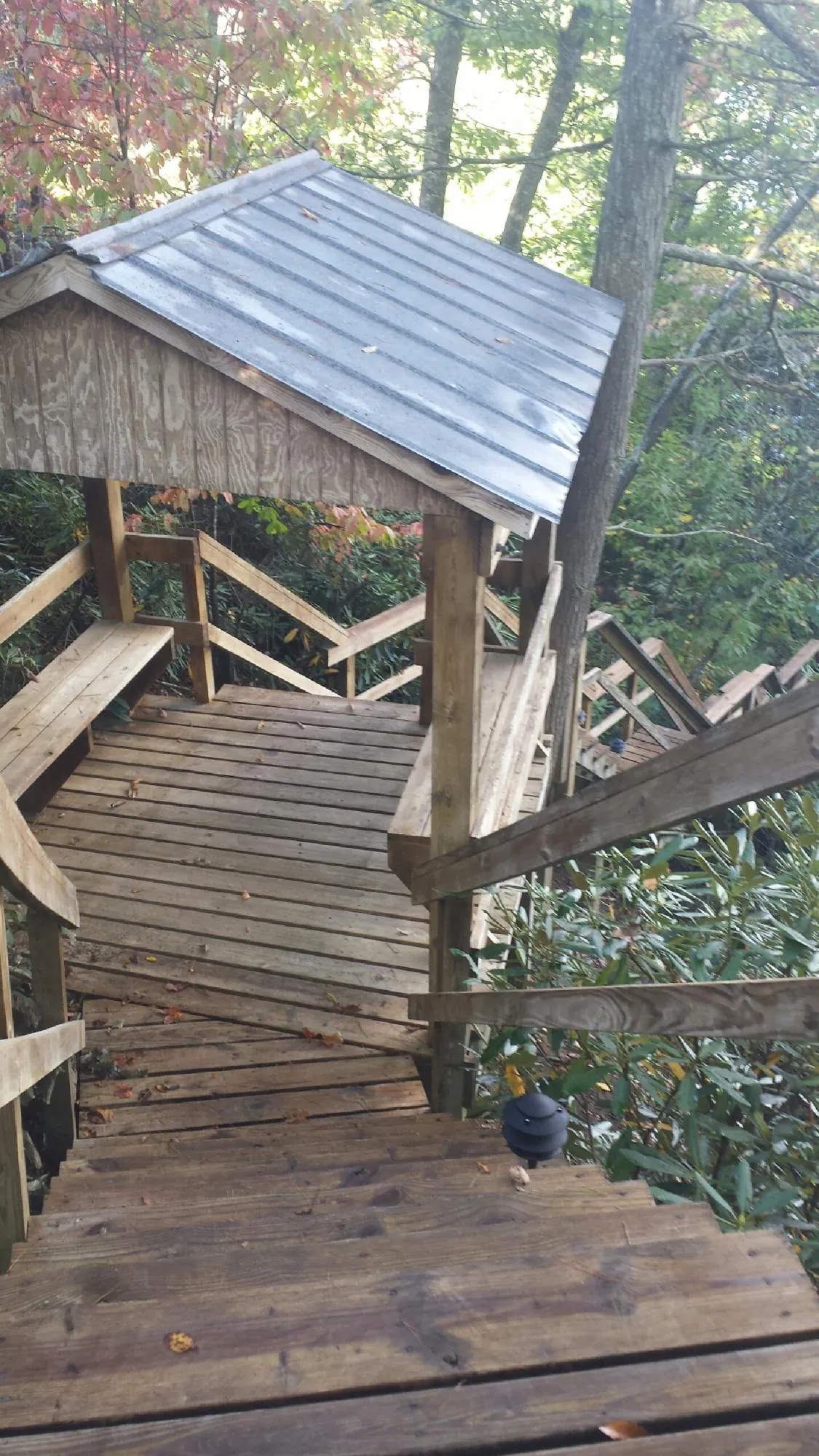 Metal roofed shelter over wooden steps on a wooded walkway — Skylight Repair & Installation work by our crew in Ashville